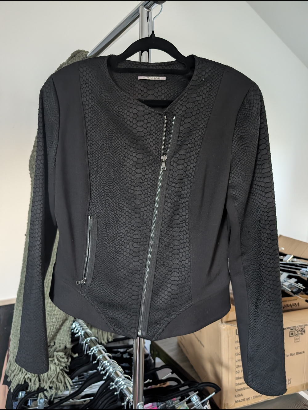 Tahari Black Textured Asymmetrical Moto Jacket